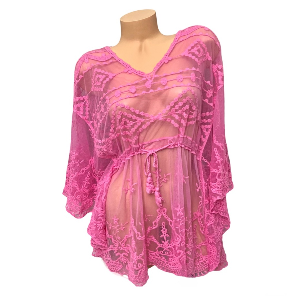 Vince Camuto Hot Pink Boho Embroidered Swim Coverup Vacation Beach Pool - Picture 12 of 15